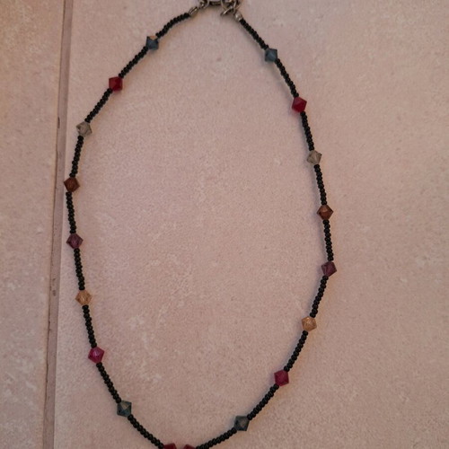 Necklace black with colorful stones and embossed face vintage like new