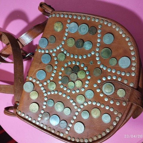 Collectible leather crossbody bag like new, brown with metal coins