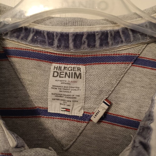 Hilfiger Denim Tommy Hilfiger men's polo shirt, grey with blue and red stripes, large