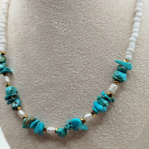 Handmade necklace with turquoise, pearl, hematite, glass, and stainless steel new