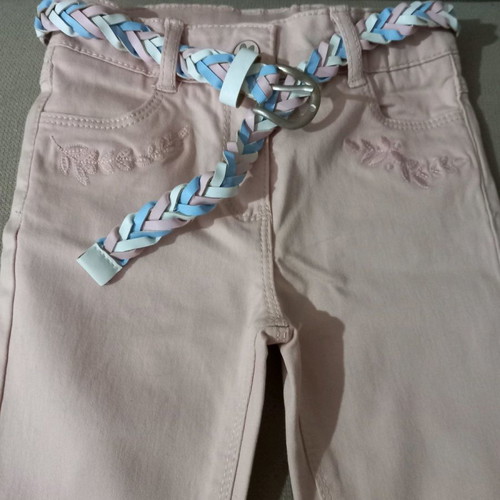 Pastel pink pants new with leather belt and embroidered flowers for 3 years old