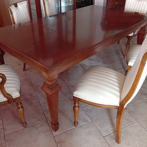 Dining table with six chairs new, one chair fabric needs replacement