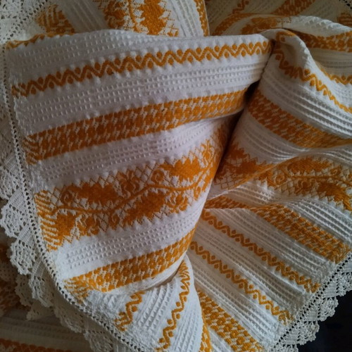 Woven blanket new with handmade knitted lace and fringes