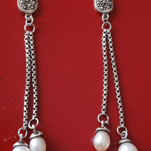 Earrings with marcasite and natural pearls in 925 silver, like new, 6 cm