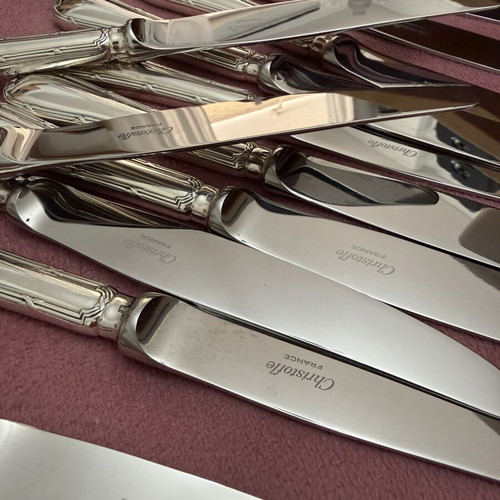 Christofle vintage silver plated knives set of 12, Rubans Croisés design