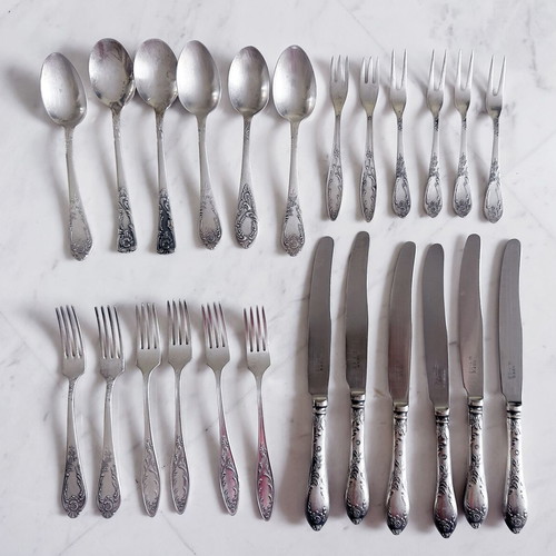 Vintage Soviet Cutlery Set 24 Pieces Used, Silver-Plated Melchior USSR 1970s