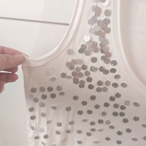 Benetton sleeveless top with birds used, white and grey, sizes L/XL