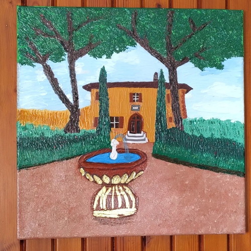 Painting on canvas Villa with fountain, new, 39x39 cm