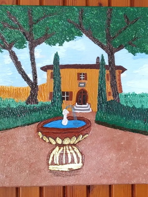 Painting on canvas Villa with fountain, new, 39x39 cm