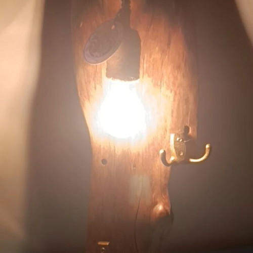 Handcrafted Driftwood Wall Lamp with Vintage Coat Hooks