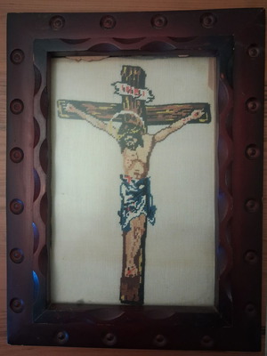 Vintage Handmade Embroidery The Crucifixion 1980 in Wood Frame used