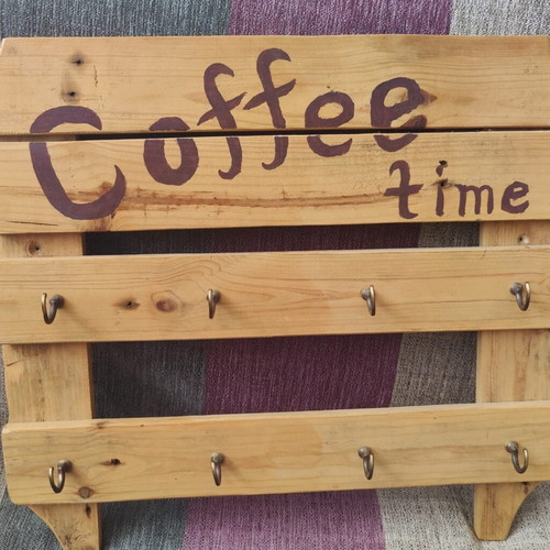 Handmade wooden wall hanger with 8 hooks, coffee time design