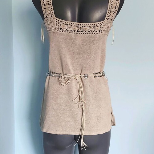 Calvin Klein tunic used with hand-knitted lace and wooden beads