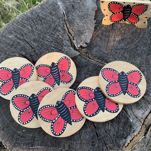 Wooden coasters with holder, handmade, like new, butterfly design, set of six