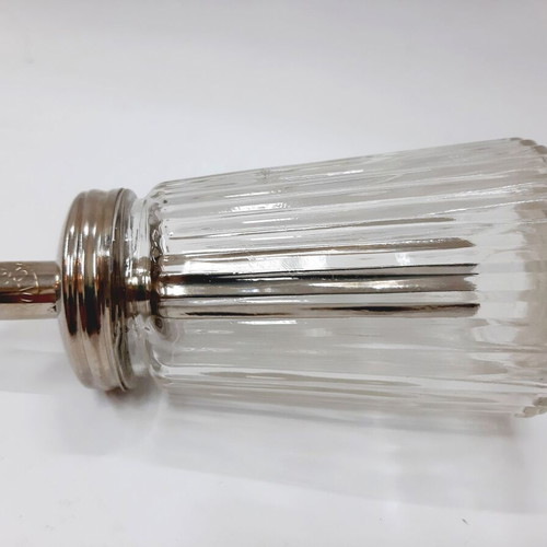 Vintage glass sugar pourer with metal dispenser and stainless lid, like new