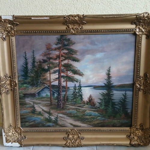 Oil painting on canvas used, landscape with lake and cabin in baroque frame