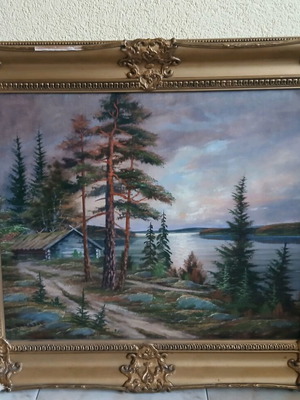 Oil painting on canvas used, landscape with lake and cabin in baroque frame