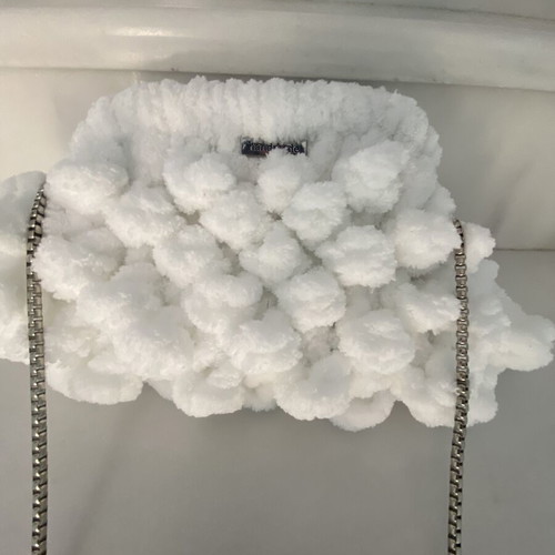 Handmade Puffy Popcorn Shoulder Bag with Detachable Chain, Like New, White