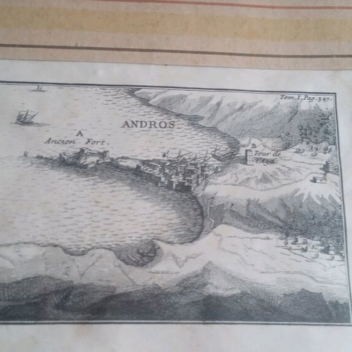 Engraving with Two Themes Femmes d'Amorgos and Old Port of Andros framed