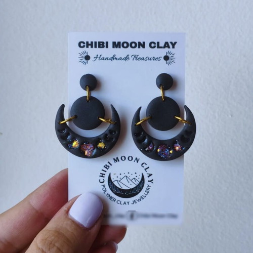 Moon earrings black new, polymer clay and steel