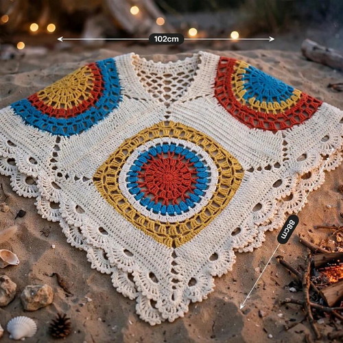 Handmade cotton poncho with colorful boho crochet circles, new