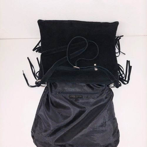 Genuine Leather crossbody bag used with fringes, black suede