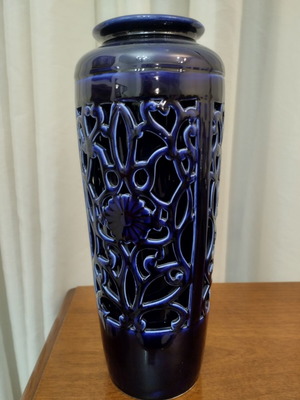 Vintage cobalt blue openwork ceramic vase