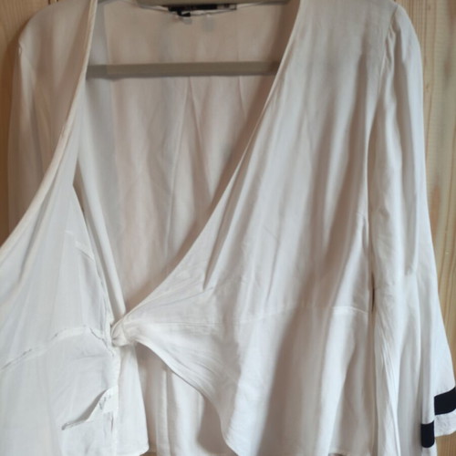 ALE white wrap blouse with bell sleeves, size M