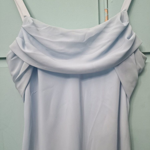 Sleeveless baby blue dress with cowl neck and asymmetric ruffle