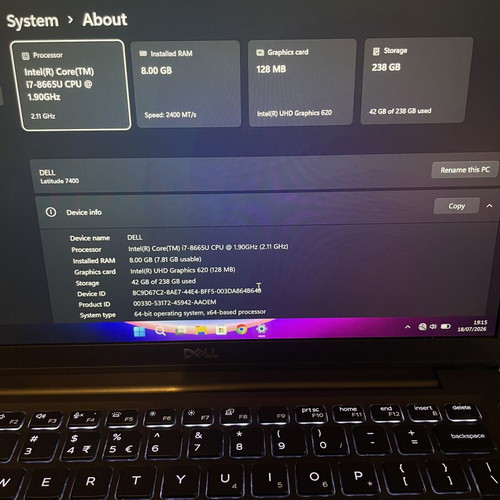 Dell Latitude 7400 laptop used, Intel Core i7, 8GB RAM, 256GB SSD