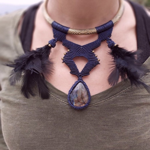 Macrame necklace with labradorite and brass choker new