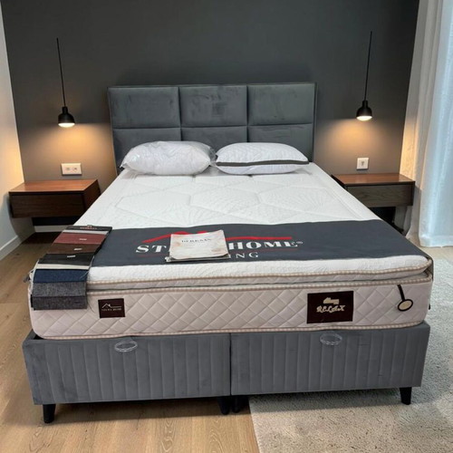Bed 160x200 with Headboard, Base & Mattress, new, grey water-repellent fabric