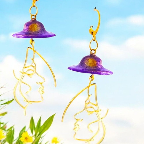 Handmade long dangle earrings with purple hat and gold details