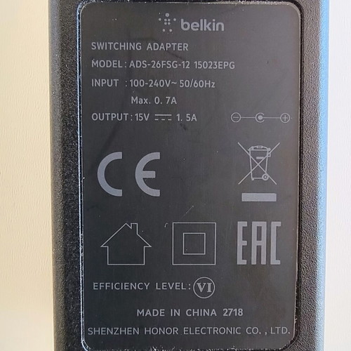 Belkin power adapter 15V 1.5A with 3.5mm x 0.5mm plug