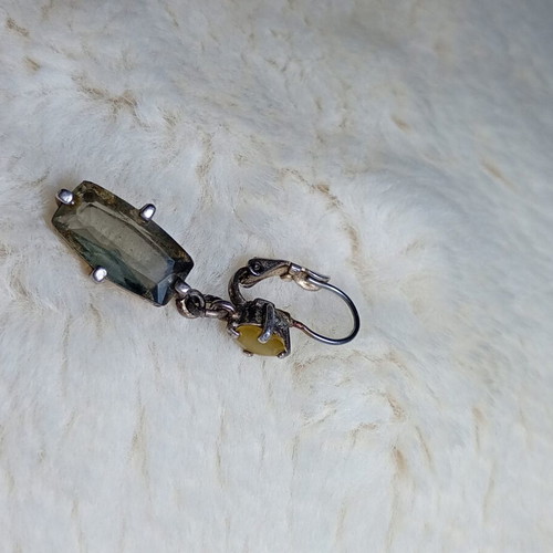 Silver earring with pale green stones, used, 100-year-old heirloom