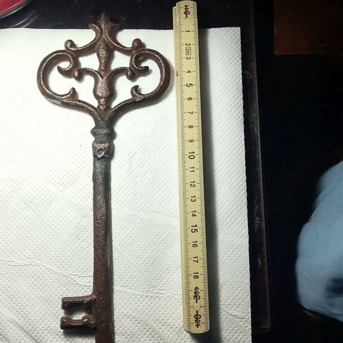 Antique iron key used, ornate, 22 cm, 1780-1830