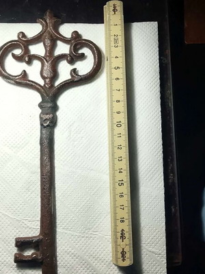 Antique iron key used, ornate, 22 cm, 1780-1830