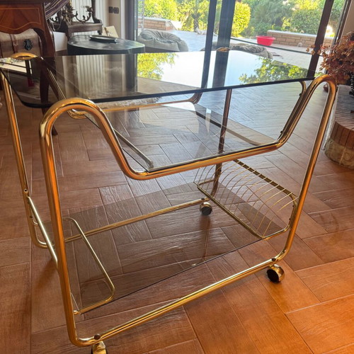 Italian 70s Trolley Bar Cart like new with smoked crystal and gold frame