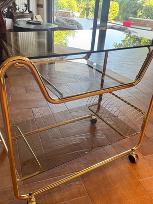 Italian 70s Trolley Bar Cart like new with smoked crystal and gold frame
