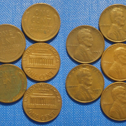 1 Cent United States of America used, pack of 5 coins 1952-1970D