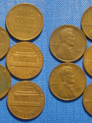 1 Cent United States of America used, pack of 5 coins 1952-1970D