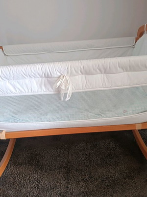 Vintage wooden baby cot with used Greco Strom mattress