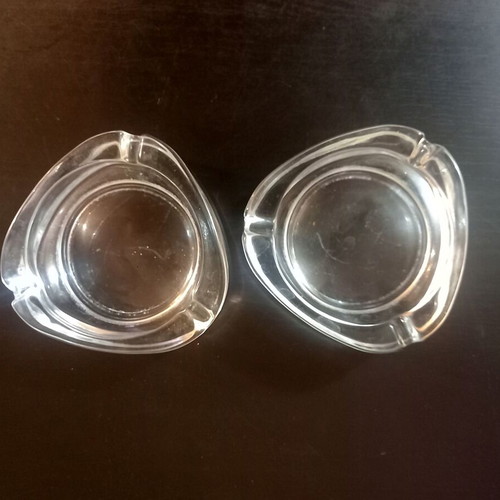 Glass ashtrays vintage set of 2 used, thick triangular design