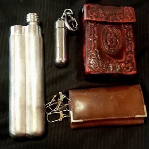 Cigar Accessories vintage set with metal case, fuel canister, and leather keychain