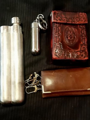 Cigar Accessories vintage set with metal case, fuel canister, and leather keychain