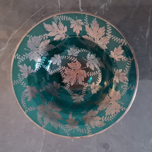 Bohemian glass bowl vintage 1950s emerald green with real silver
