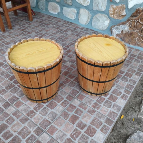 Set of 2 handmade wooden stools and side tables rustic barrel style used