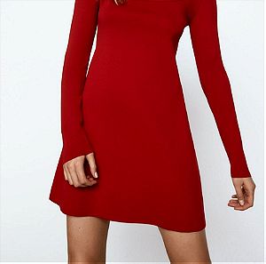 Zara Red Knit Mini Dress with a straight-cut neckline, long sleeves ,NoS