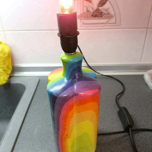 Handmade table lamp with rainbow base and green shade like new