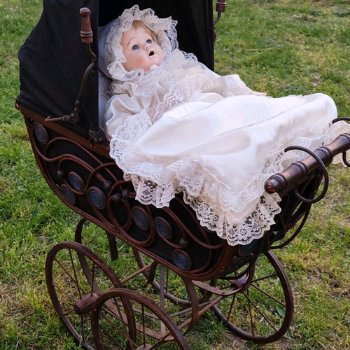 Antique collector rattan stroller set with porcelain doll used